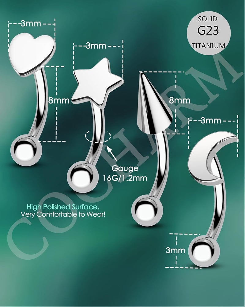 COCHARM Titanium Heart Star Moon Rook Spike Piercing Jewelry 16g, Surgical Steel Rook Earrings for Women Man, Silver Vertical Labret Jewelry, 8mm Spike Eyebrow Piercing Jewelry - Image 3